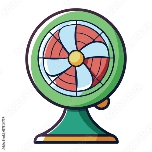 Retro green desk fan with colorful blades for cooling and ventilation