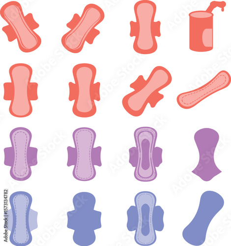 Vector illustration set of sanitary pads in various views, including a pillow and spray bottles, representing feminine hygiene, menstrual care, and health concepts on a white background.