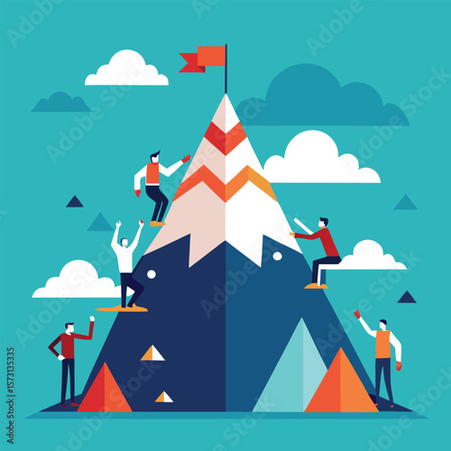 A team of diverse individuals collaboratively ascending a mountain to achieve a common goal.
