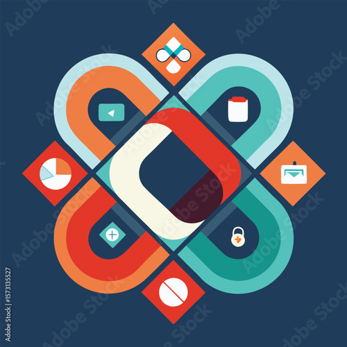 Abstract geometric arrangement of icons and shapes representing data visualization and digital processes