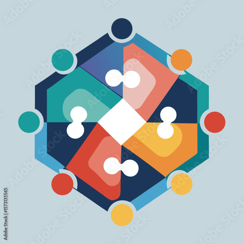 Abstract geometric artwork illustrating teamwork collaboration and puzzle solving with bold colors and shapes