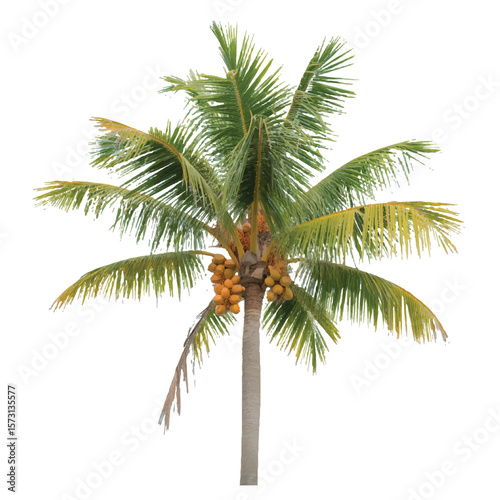 A lush coconut palm tree stands tall, adorned with ripe coconuts, against a bright white background