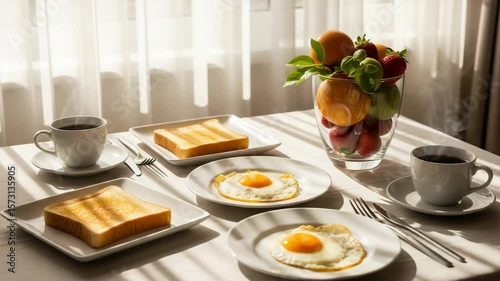 Wallpaper Mural A cozy breakfast: scrambled eggs, toast and fresh fruit. The perfect start to the day. A nutritious breakfast for two in the sunshine. Toast, scrambled eggs, coffee and fruit. Torontodigital.ca