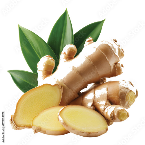 Aromatic ginger root and vibrant green leaves create a visually appealing still life against a clean white background