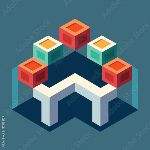 Abstract geometric isometric design composed of colorful cubes representing business ideas and innovation concepts