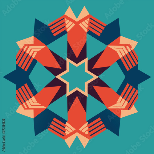Abstract geometric starburst design with interlocking shapes and symmetrical arrangement in earthy tones