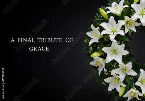 White lily funeral wreath on dark background with tribute message  