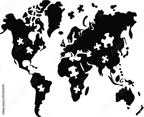 jigsaw puzzle forming world map black silhouette