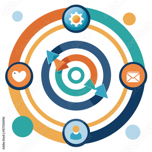 Abstract infographic with icons and circular design illustrating business process and workflow communication