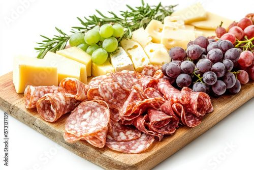 Delicious charcuterie board with assorted cheeses salami grapes and rosemary garnish on a wooden platter