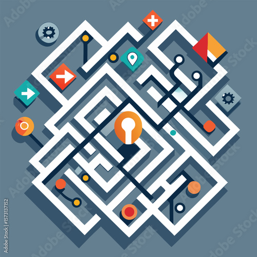 Abstract maze with path markers representing complex navigation problem solving and strategic planning concepts.