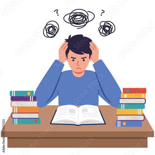 A young man sits at a desk surrounded by books, looking completely overwhelmed and stressed by his studies, depicted in a clean vector illustration.