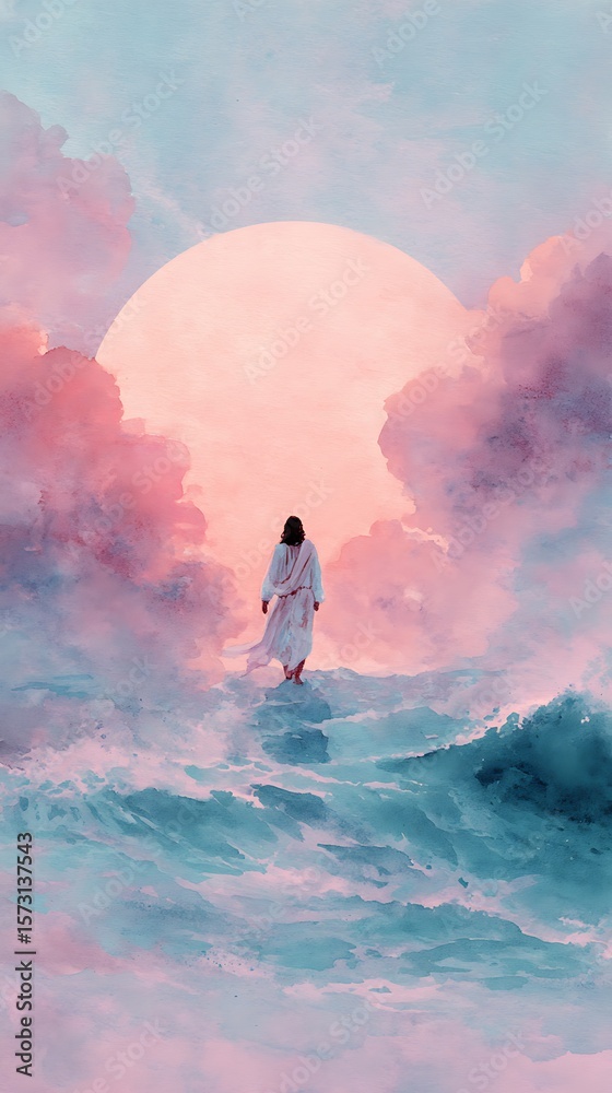 Fototapeta premium Watercolor Jesus walking on water, waves blending into a pastel sky 