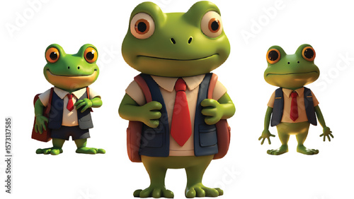 Cheerful green frogs wearing school uniforms present an adorable group dynamic, a perfect scalable graphic for educational materials, children's books, or playful branding designs.