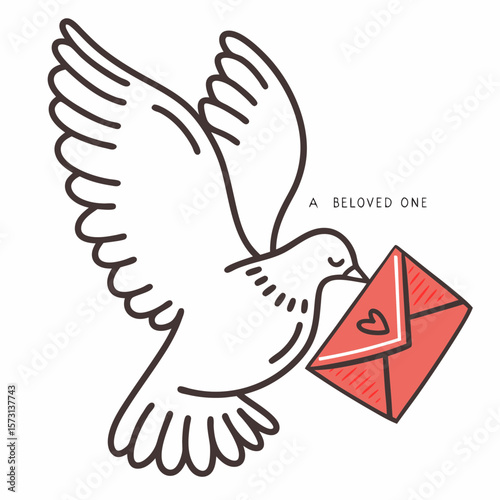 White dove with love letter flying. Vector illustration for the Valentine's Day in cute retro doodle style. Flying pigeon with message for beloved one. Drawing for banner, greeting or postcard