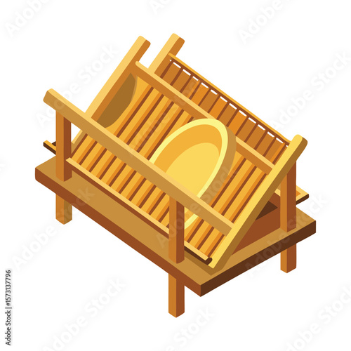 Wooden dish drying rack with a single yellow plate on a white background