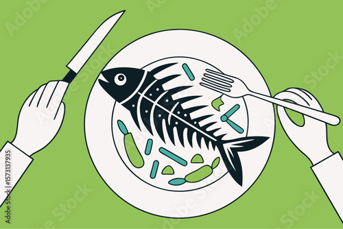 Fish skeleton with plastic waste on plate representing ocean microplastic risk