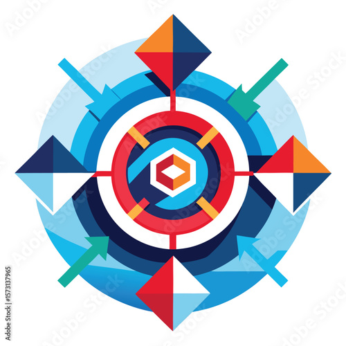 Colorful abstract geometric composition showcasing a target with arrows and diamond shapes pointing outward to different directions.