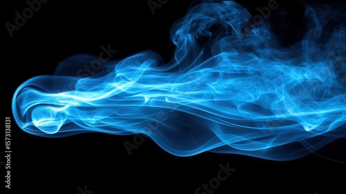 Blue smoke swirls on black background; abstract design