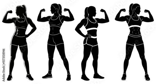 A series of strong, athletic female silhouettes in black and white, flexing their biceps to showcase fitness, health, and workout routines, perfect for gym promotions.