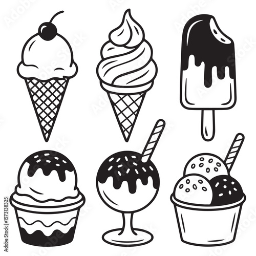 A black and white vector illustration of various ice cream desserts, including cones, sundaes, and popsicles, ideal for graphic design