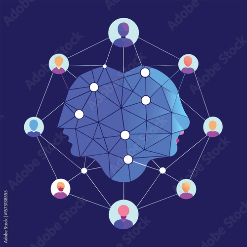 Digital network of human connection depicted in a minimalist geometric style with connected avatars