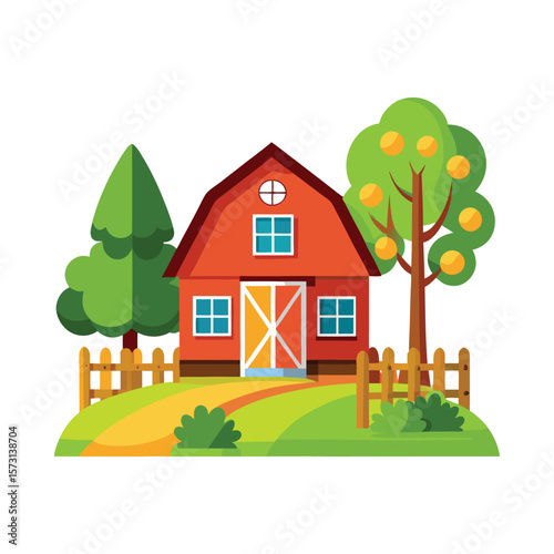 Charming red barn with fruit tree and fence on a sunny day