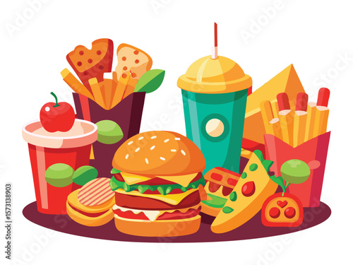 Colorful assortment of fast food items including a burger fries drinks and pizza isolated on white background
