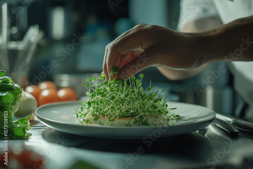 Chef delicately arranging fresh microgreens on a plated gourmet dish in a stainless steel kitchen