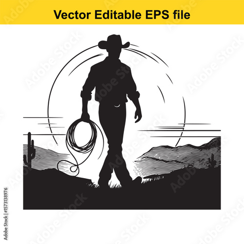 Silhouette of a Cowboy Walking with a Lasso in a Gritty Western Landscape under a Faint Sun