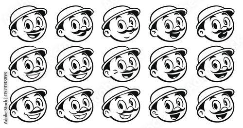 Set of vintage cartoon man face vector avatars. Black and white comic character heads with hat and mustache showing various emotions for design projects and animation.