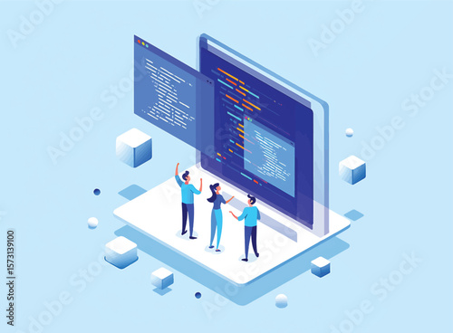 Teamwork Software Development Isometric Vector Illustration