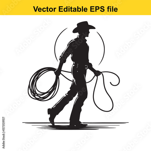 Silhouette of a Cowboy with a Lasso Walking Across the Plains Vector Art for Western Enthusiasts