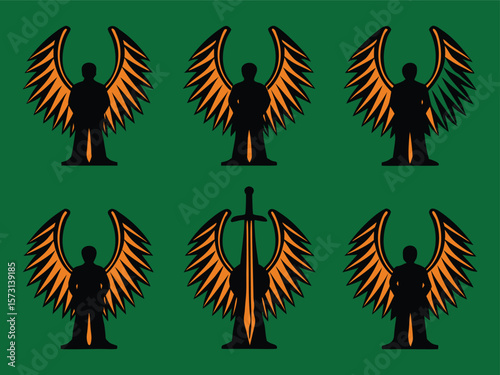 Angelic Warrior Icons  Black Silhouette Figures with Fiery Orange Wings and Sword on Green