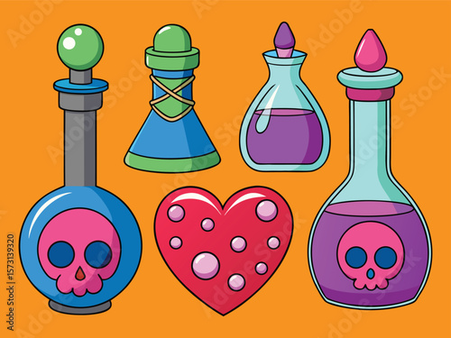 Cartoon Halloween Potions and Heart Illustration  Witchcraft, Magic, and Spooky Decorations