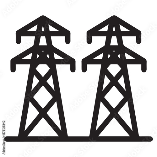 A black and white vector illustration of two electrical power transmission towers, representing energy and infrastructure