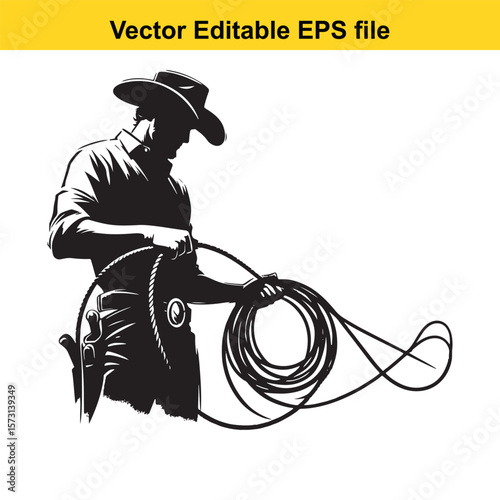 Silhouette of a Cowboy with Lasso a Timeless Image of the American West Ideal for Vector Graphics