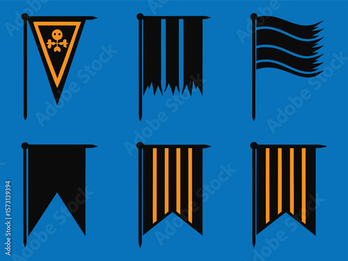 Collection of Black and Yellow Medieval Banners and Pennants on Blue Background