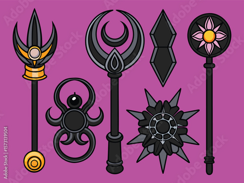 Collection of Magical Wands and Staffs with Intricate Designs on a Pink Background