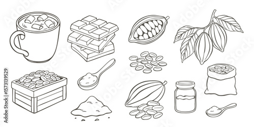 A collection of hand-drawn cacao and chocolate-themed illustrations. Outline elements, ideal for food illustrations, packaging design, or educational materials.