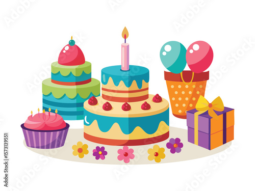 Festive birthday celebration with tiered cakes cupcake balloons and gifts isolated on white background
