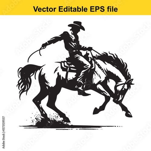 Dynamic Vector Illustration of a Cowboy Riding a Bucking Bronco in Black and White Artwork Demonstrating Skill and Determination