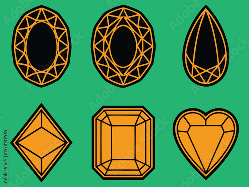 Collection of six graphic orange gemstones, heart, diamond, oval, and emerald cuts