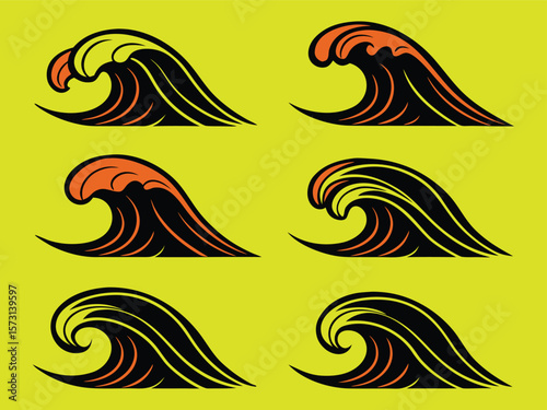 Collection of Six Unique and Stylized Cartoon Wave Vectors on Yellow Background