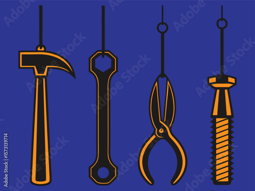 Hanging Hand Tools Illustration: Hammer, Wrench, Pliers, and Screw on Blue Background