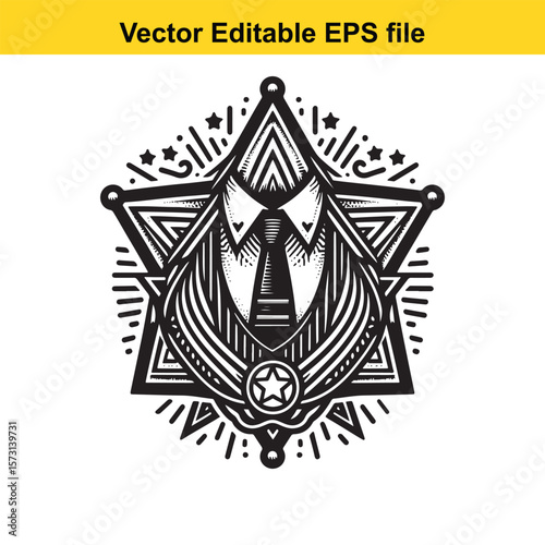 Geometric Star Badge with Suit and Tie Design Symbolic of Authority and Professionalism in Black and White