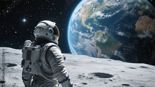 Astronaut Gazing at Earth from the Moon's Surface, Starry Sky