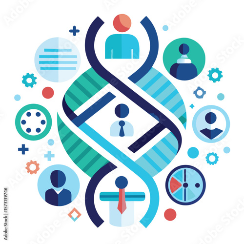 Modern dna structure featuring humans depicting teamwork and collaboration within a business context