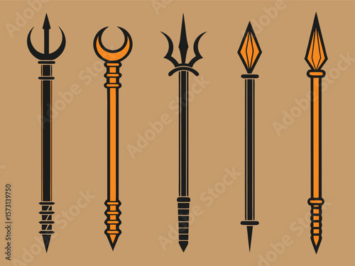Illustration of assorted ancient magical staves and spears for fantasy games