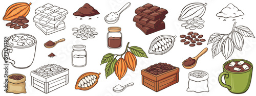 A collection of hand-drawn cacao and chocolate-themed illustrations. Colorful and outline elements, ideal for food illustrations, packaging design, or educational materials.